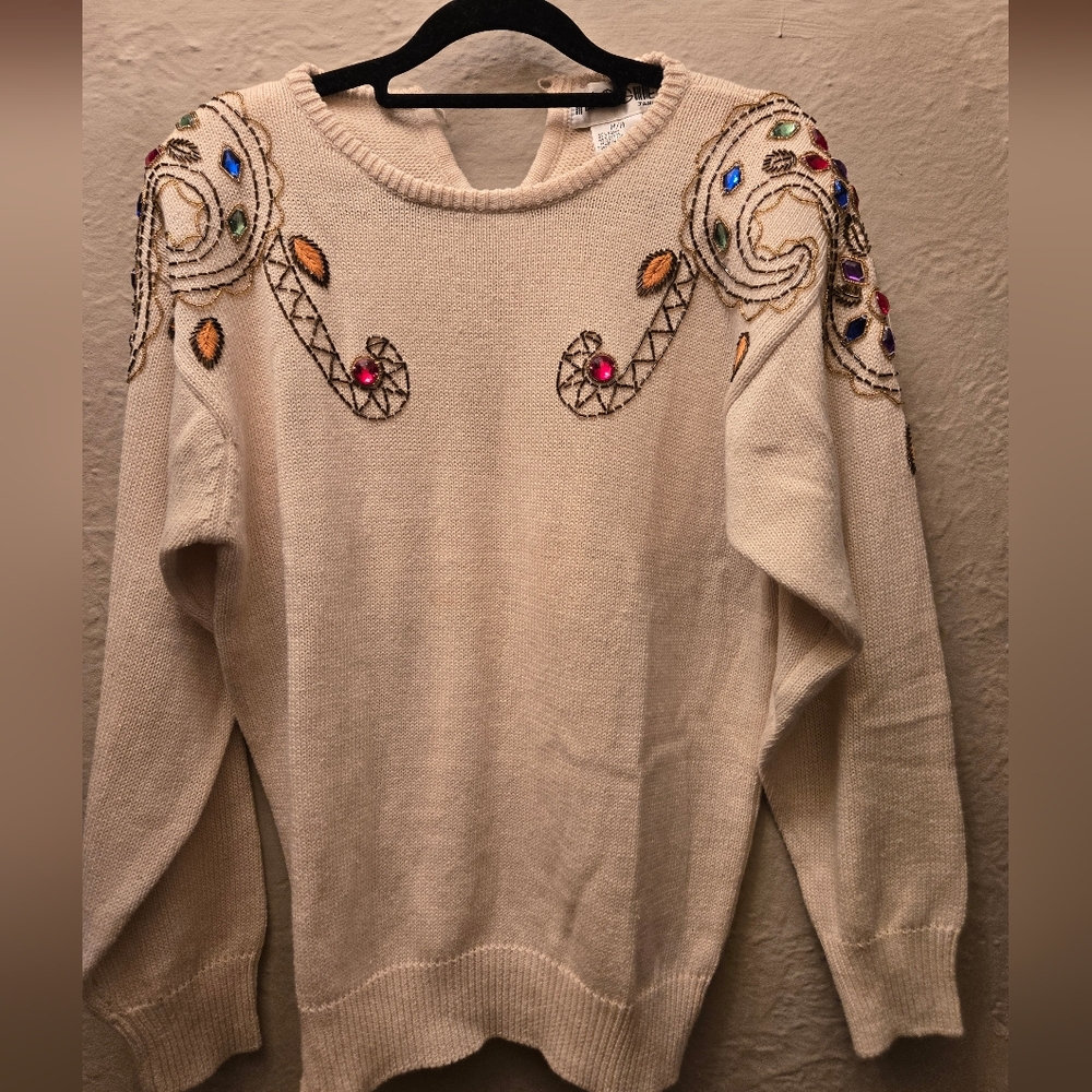 Vintage 80s Maggie JAM Beaded Embellished Sweater Cream Ramie Cotton M